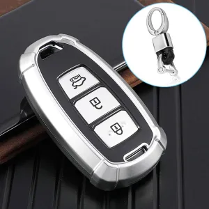 SANRILY 3-Button Car Key Cover for Hyundai 2018 Santa Fe Elantra Verna Accent Ix35 Keyless Remote Key Holder Soft TPU Key Protective Case with Keychain Silver