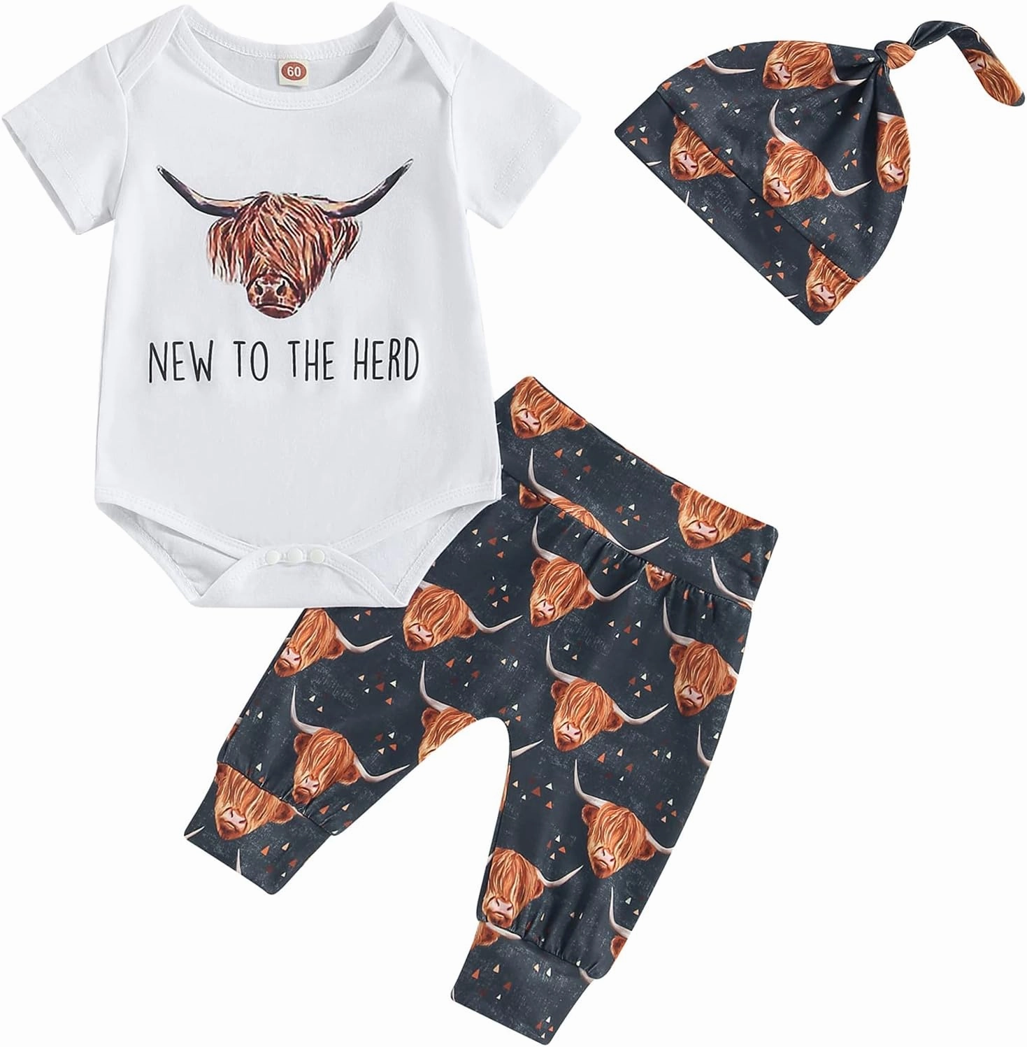 SAYOO Western Newborn Baby Boys Cowboy Outfits Cow Print Letter Bodysuit Long Leggings Cap 3pcs Infant Boy Country Clothes (Brown 9, 3-6 Months)