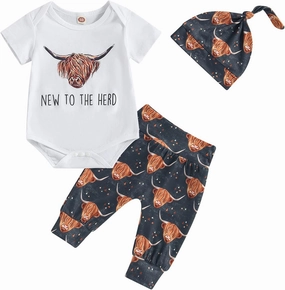 SAYOO Western Newborn Baby Boys Cowboy Outfits Cow Print Letter Bodysuit Long Leggings Cap 3pcs Infant Boy Country Clothes (Brown 9, 3-6 Months)