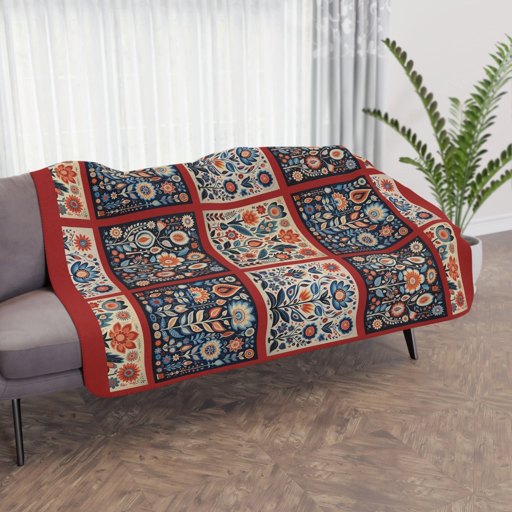 Scandi Folk Art Blanket, Scandinavian Art Style - Folk Art - Romantic Gift