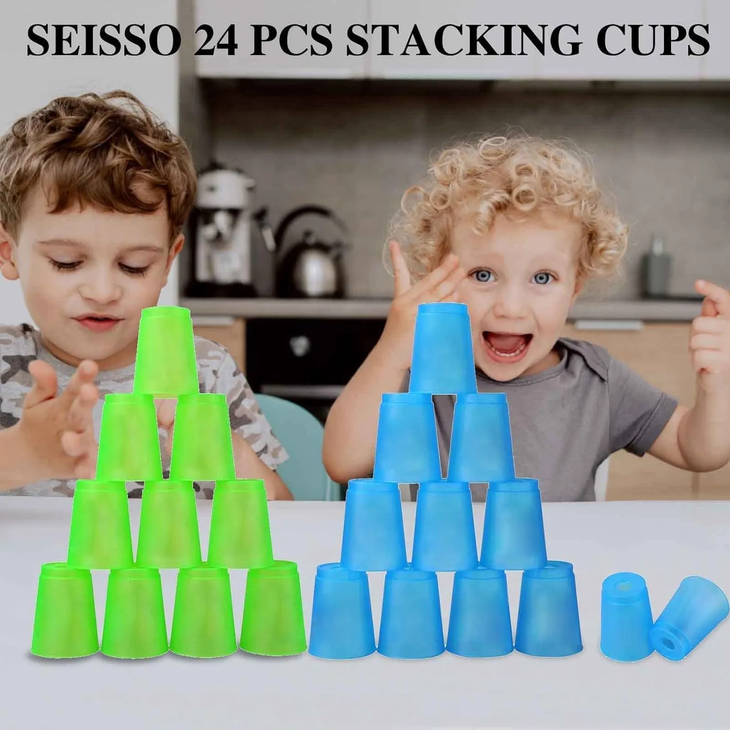 SEISSO Stack Cups, Stacking Cup Set Classic Stack Training Game Toys for Kids Boys Girls Stacking Cups (12 Pack Blue   12 Pack Green)