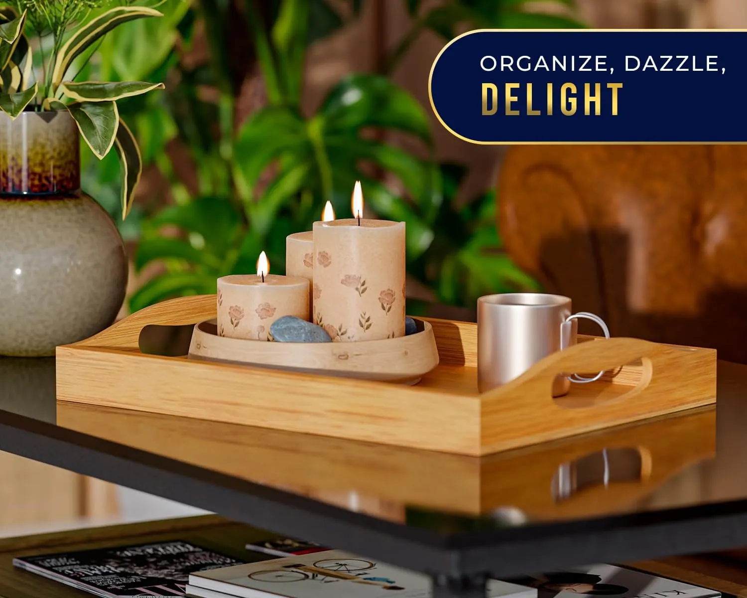 Set of 3 Bamboo Serving Trays - Ottoman Trays for Entertainment, Food and Décor - Clean, Minimal Design