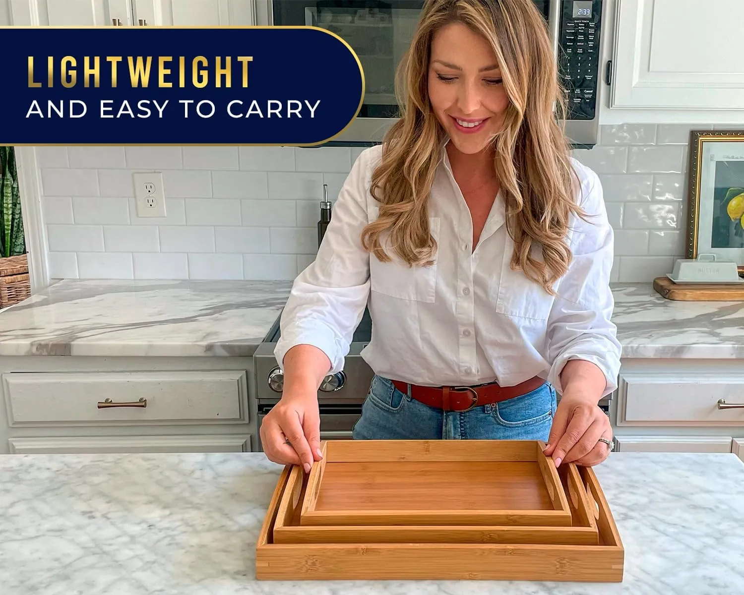 Set of 3 Bamboo Serving Trays - Ottoman Trays for Entertainment, Food and Décor - Clean, Minimal Design