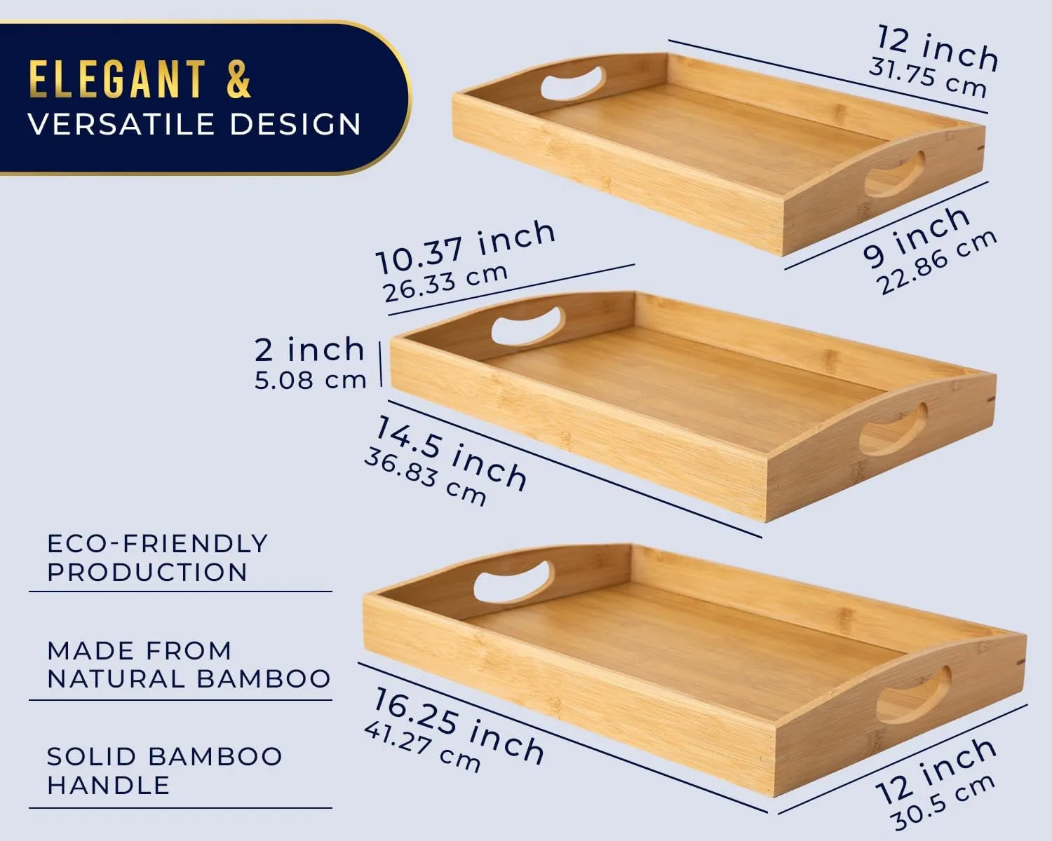 Set of 3 Bamboo Serving Trays - Ottoman Trays for Entertainment, Food and Décor - Clean, Minimal Design