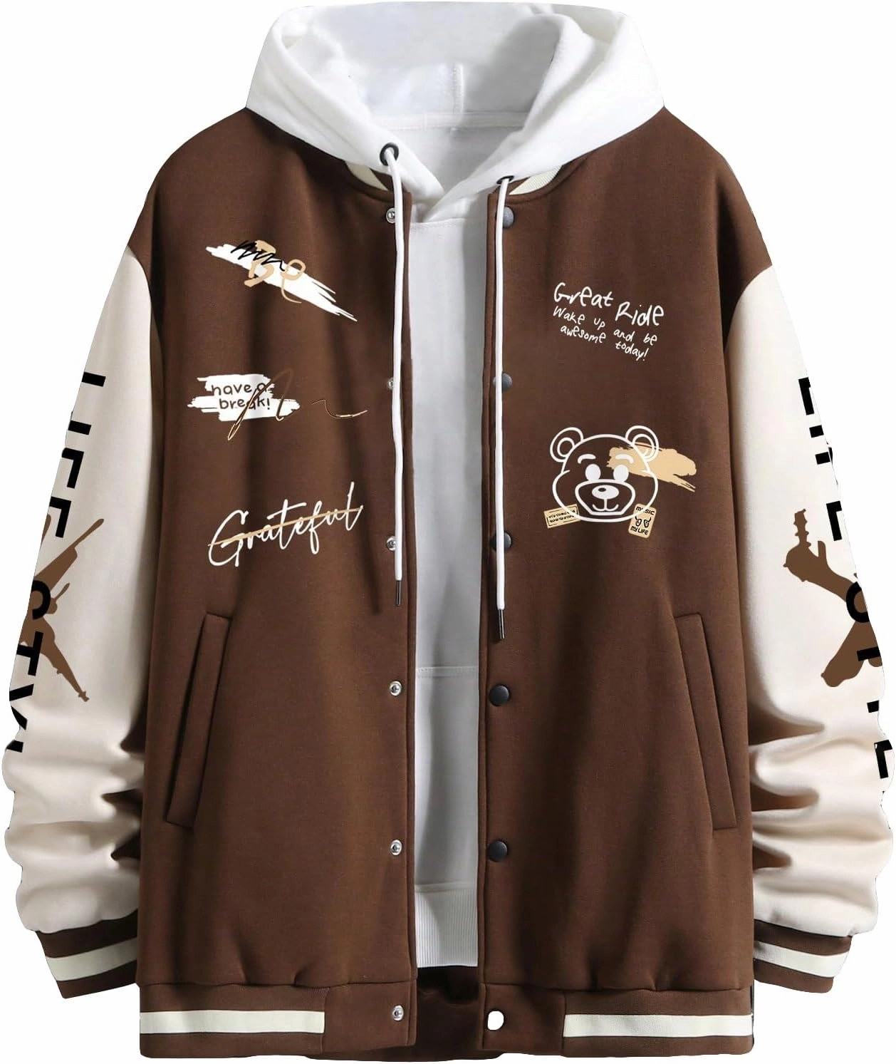 SHENHE Men's Slogan Graphic Button Down Varsity Jacket Baseball Bomber Jackets