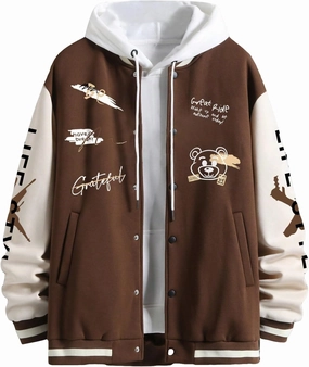 SHENHE Men's Slogan Graphic Button Down Varsity Jacket Baseball Bomber Jackets
