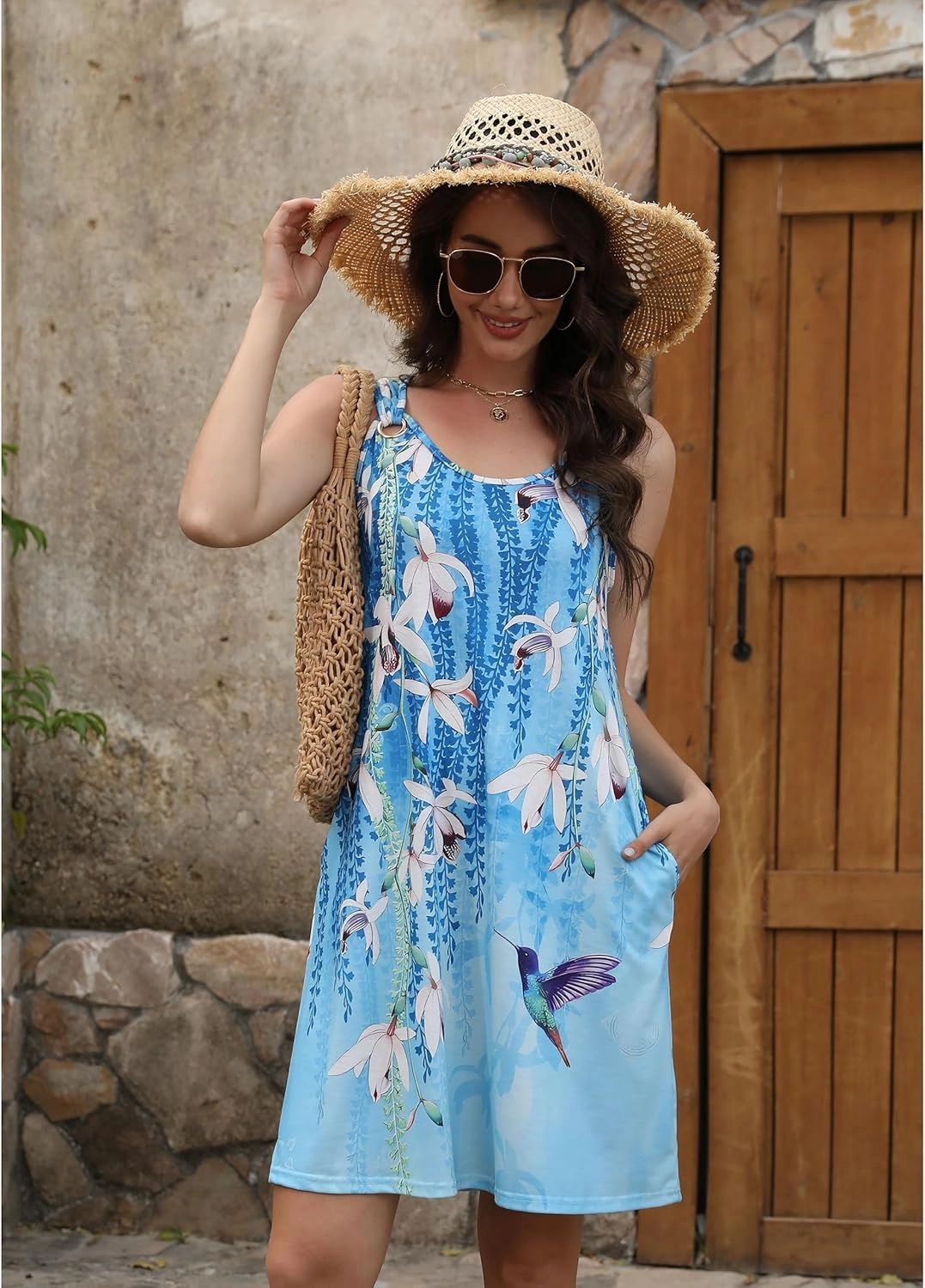 Sherosa Casual Summer Sleeveless V Neck Sundress Loose Beach Swimsuit Cover Up Floral Mini Dress with Pockets（S-XXL）
