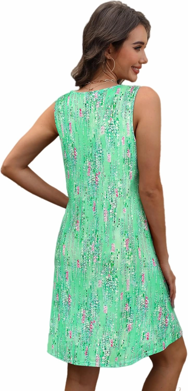 Sherosa Casual Summer Sleeveless V Neck Sundress Loose Beach Swimsuit Cover Up Floral Mini Dress with Pockets（S-XXL）