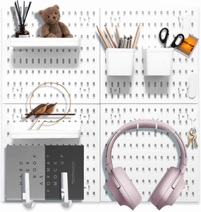 SHGJ&SOFT PegBoard Combination Kit, Pegboards and Accessories Modular Hanging, Wall Organizer Pegboard for Home and Office,22″×22″, Wall Mount Display Pegboard Panel Kits (White, 4 Pieces)