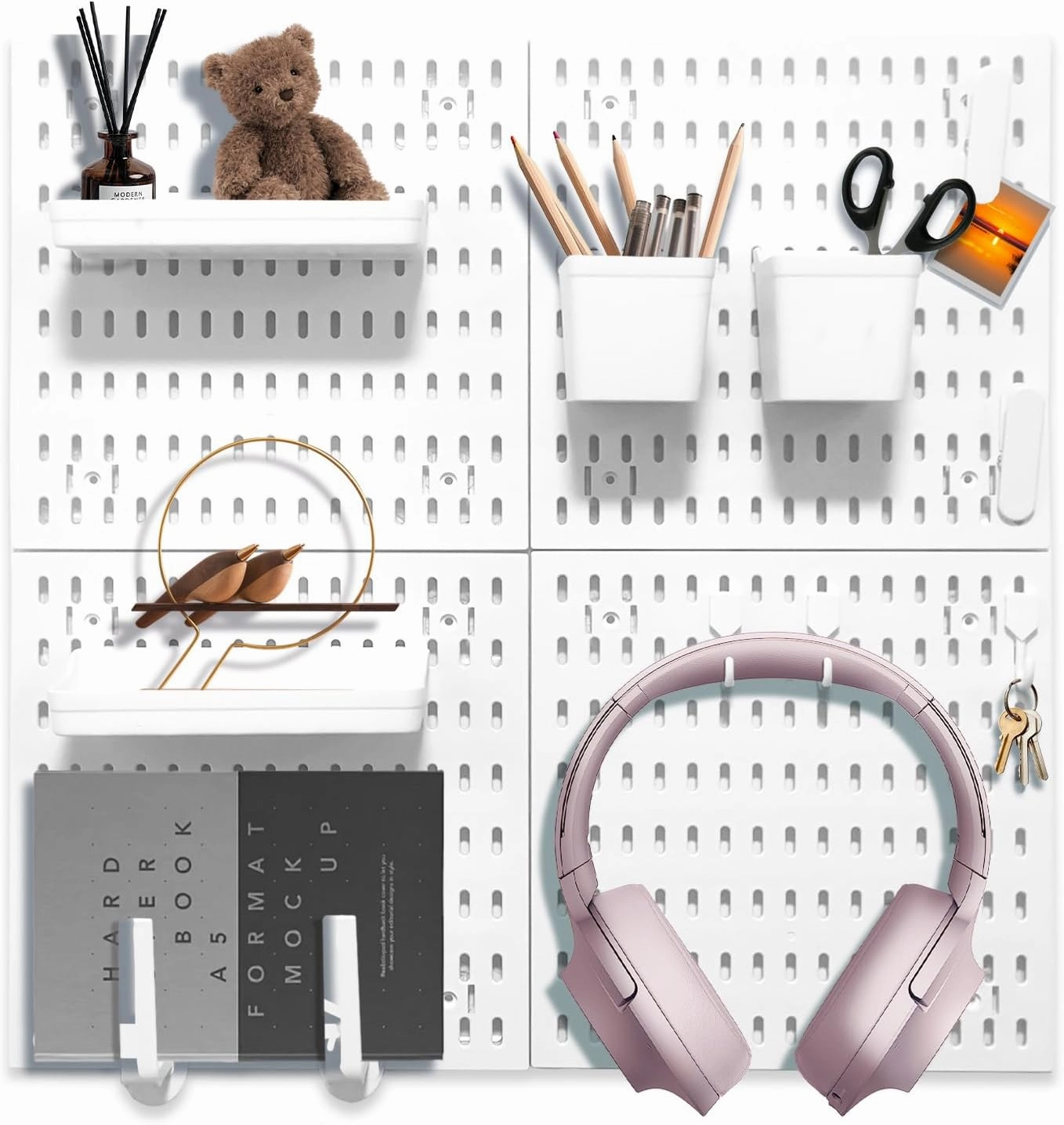 SHGJ&SOFT PegBoard Combination Kit, Pegboards and Accessories Modular Hanging, Wall Organizer Pegboard for Home and Office,22″×22″, Wall Mount Display Pegboard Panel Kits (White, 4 Pieces)