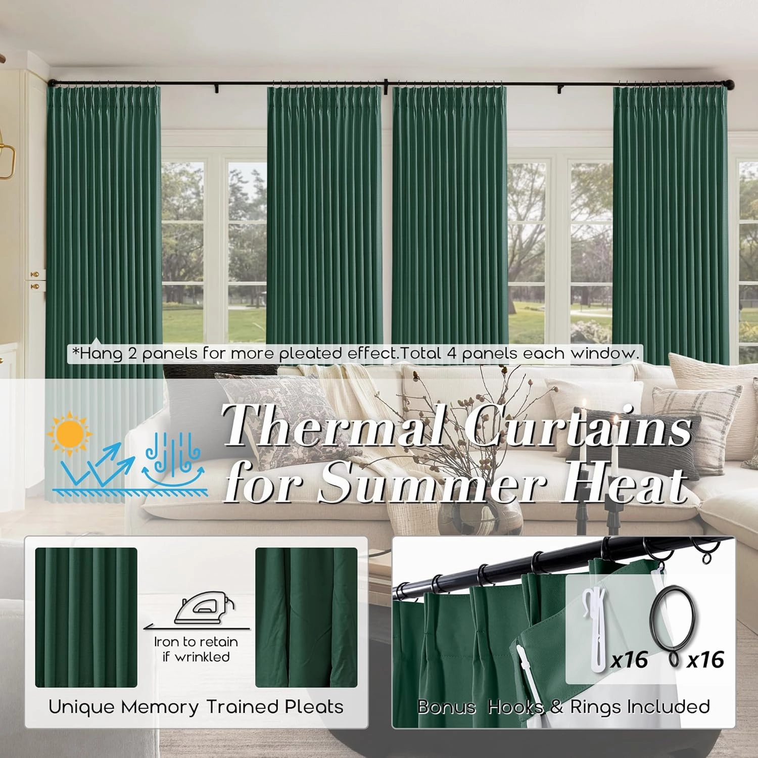 SHINELAND Dark Emerald Green Blackout Curtains 63 Inch Length,Extra Wide Pinch Pleated Botanical Jungle Spring Summer Curtain Drapes 63 Inches Long 2 Panels Set for Bedroom Living Room