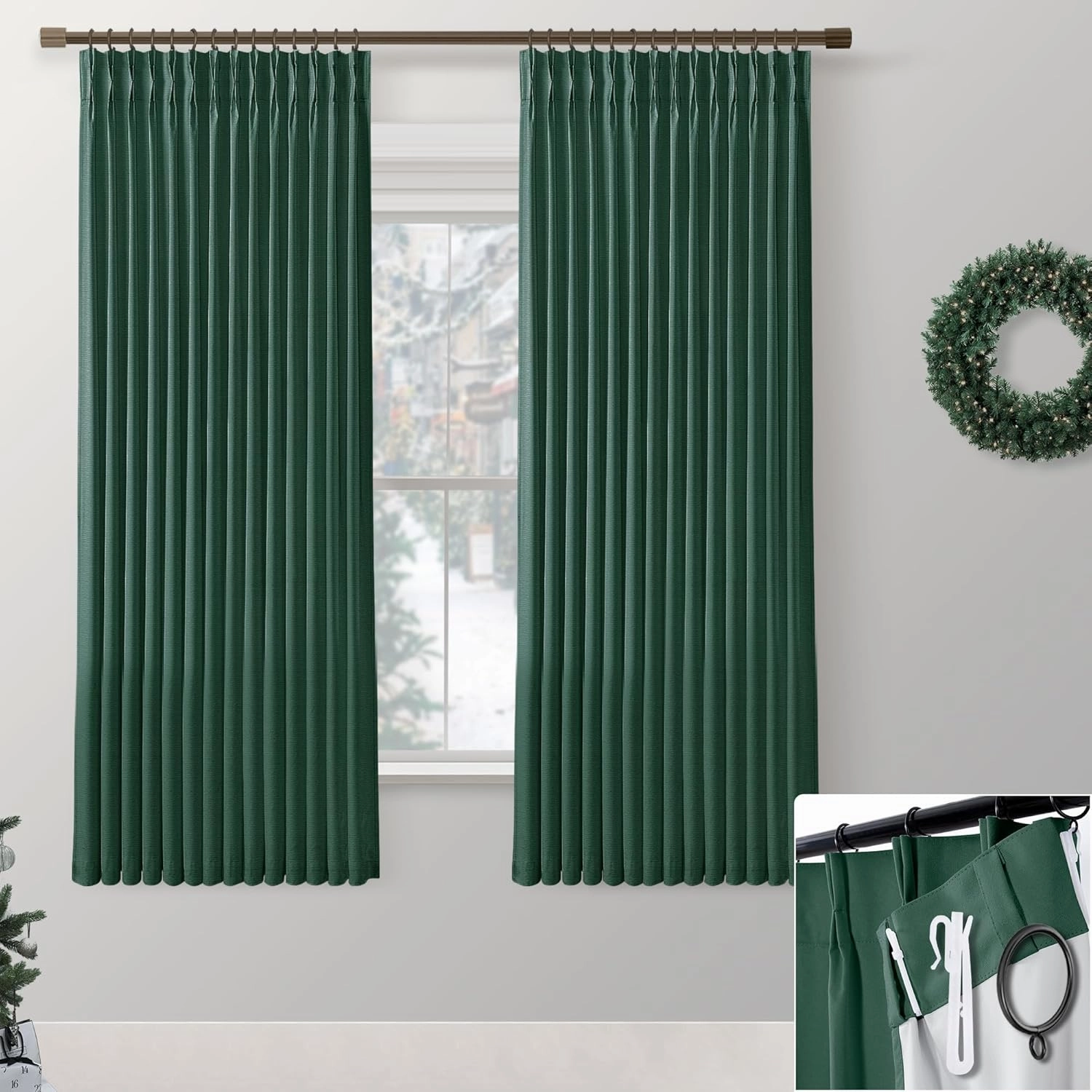 SHINELAND Dark Emerald Green Blackout Curtains 63 Inch Length,Extra Wide Pinch Pleated Botanical Jungle Spring Summer Curtain Drapes 63 Inches Long 2 Panels Set for Bedroom Living Room