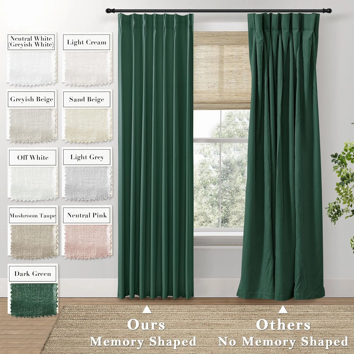 SHINELAND Dark Emerald Green Blackout Curtains 63 Inch Length,Extra Wide Pinch Pleated Botanical Jungle Spring Summer Curtain Drapes 63 Inches Long 2 Panels Set for Bedroom Living Room