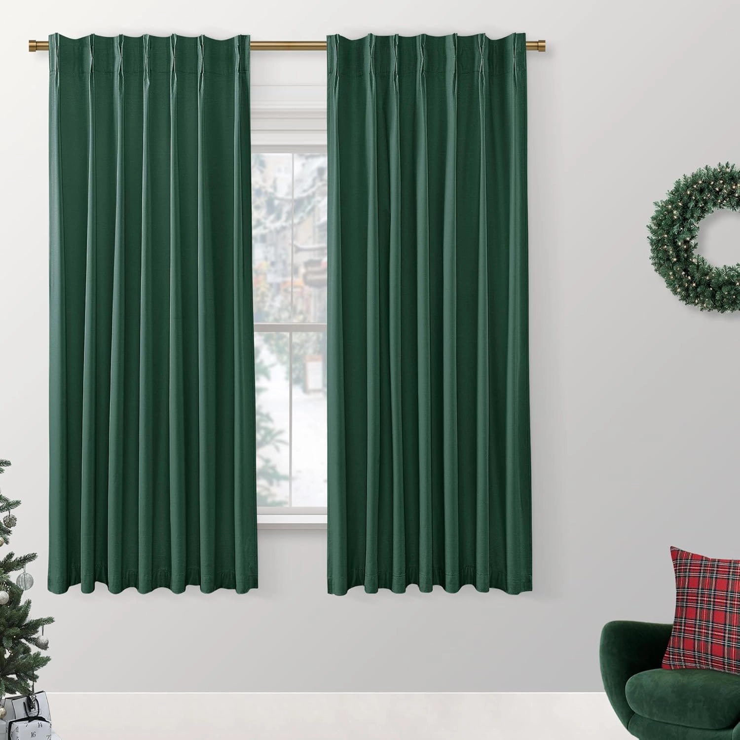 SHINELAND Dark Emerald Green Blackout Curtains 63 Inch Length,Extra Wide Pinch Pleated Botanical Jungle Spring Summer Curtain Drapes 63 Inches Long 2 Panels Set for Bedroom Living Room