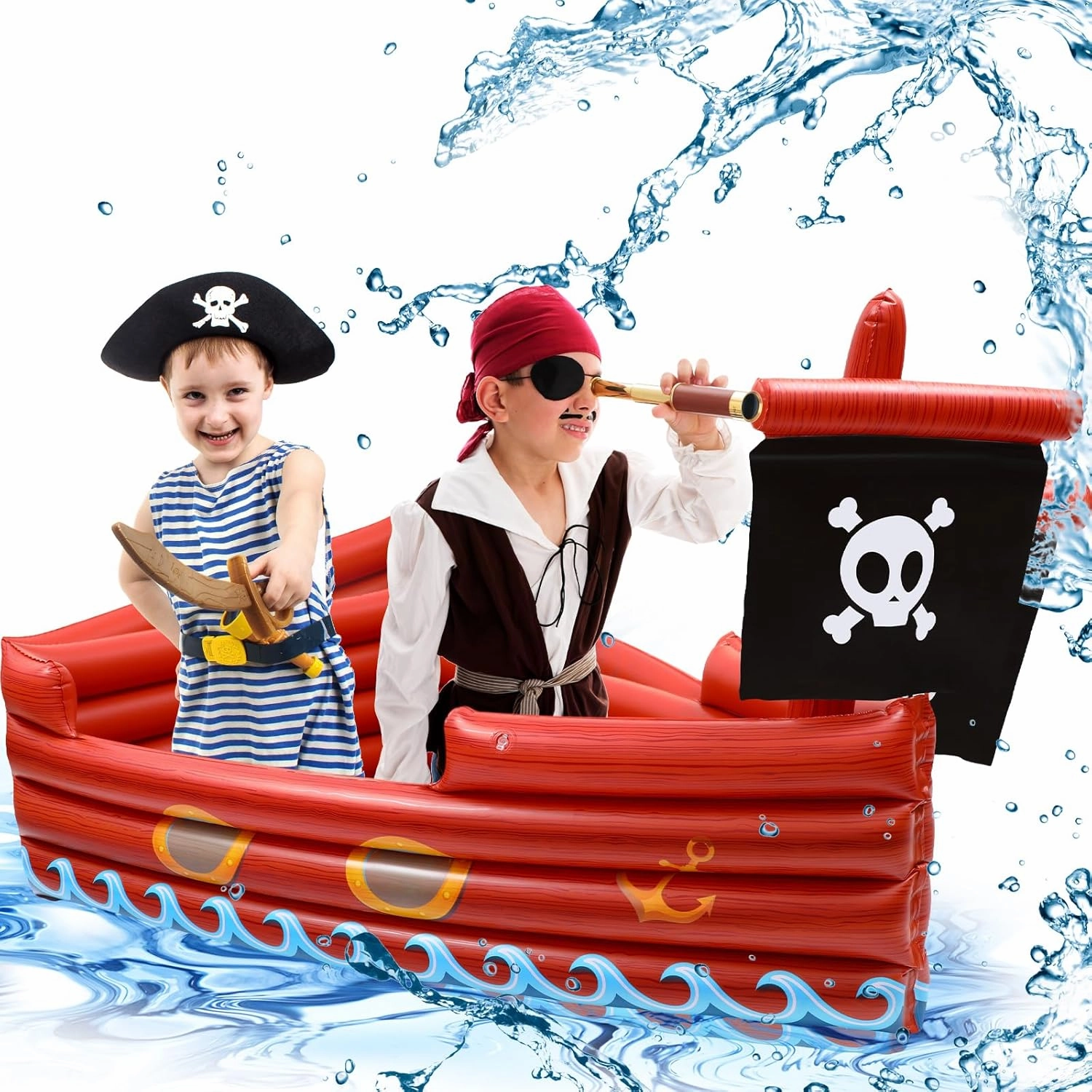 ShinyRelief Pirate Pool Float Inflatable Pirate Ship Boat Shaped Swimming Toys for Kids Boy Girl Summer Pool Games 60" L x 45" W x 20" H