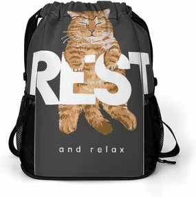 Sleeping Cute Cat Drawstring Backpack Funny Word Wear-resistant Sports Belt Pocket Gym Bags for Women Men