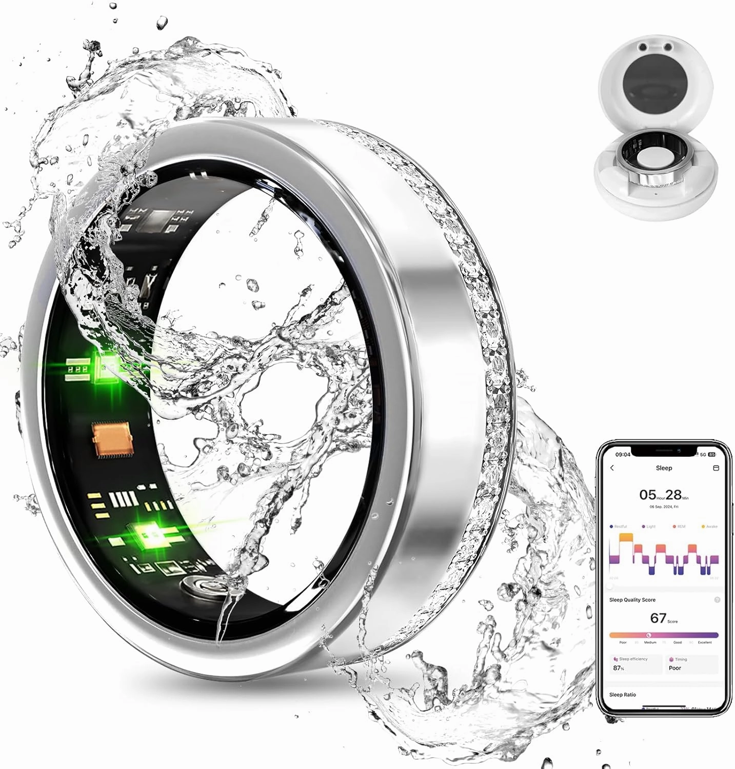 Smart Ring Fitness Tracker Ring - Health Sleep Heart Rate Blood Oxygen Blood Pressure Tracker,Fashionable Diamond Style,IP68, Compatible with iOS,Android 7#