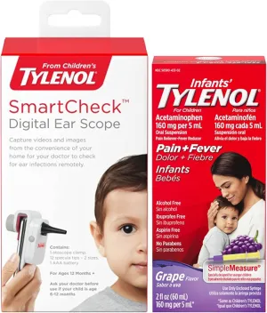 SmartCheck from Children's Tylenol Digital Ear Scope Otoscope with Light for iPhone, 1 Clamp & 12 Tips & Infants' Tylenol Oral Suspension Liquid Medicine with Acetaminophen for Pain Relief, 2 fl. oz