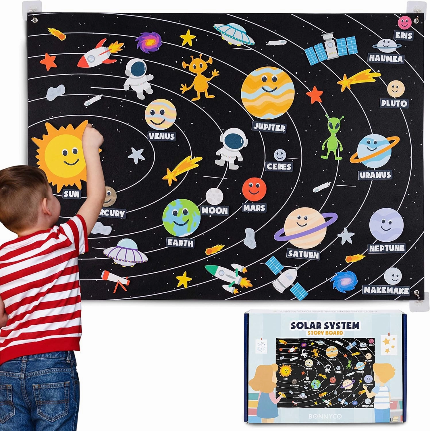 Solar System for Kids Toys with 61 Felt Figures - BONNYCO | Space Montessori Toys, Girls Boys Birthday Gifts Planets | Felt Board for Toddlers Story, Educational Kids Gifts 3 4 5 6 7 8 Years Christmas
