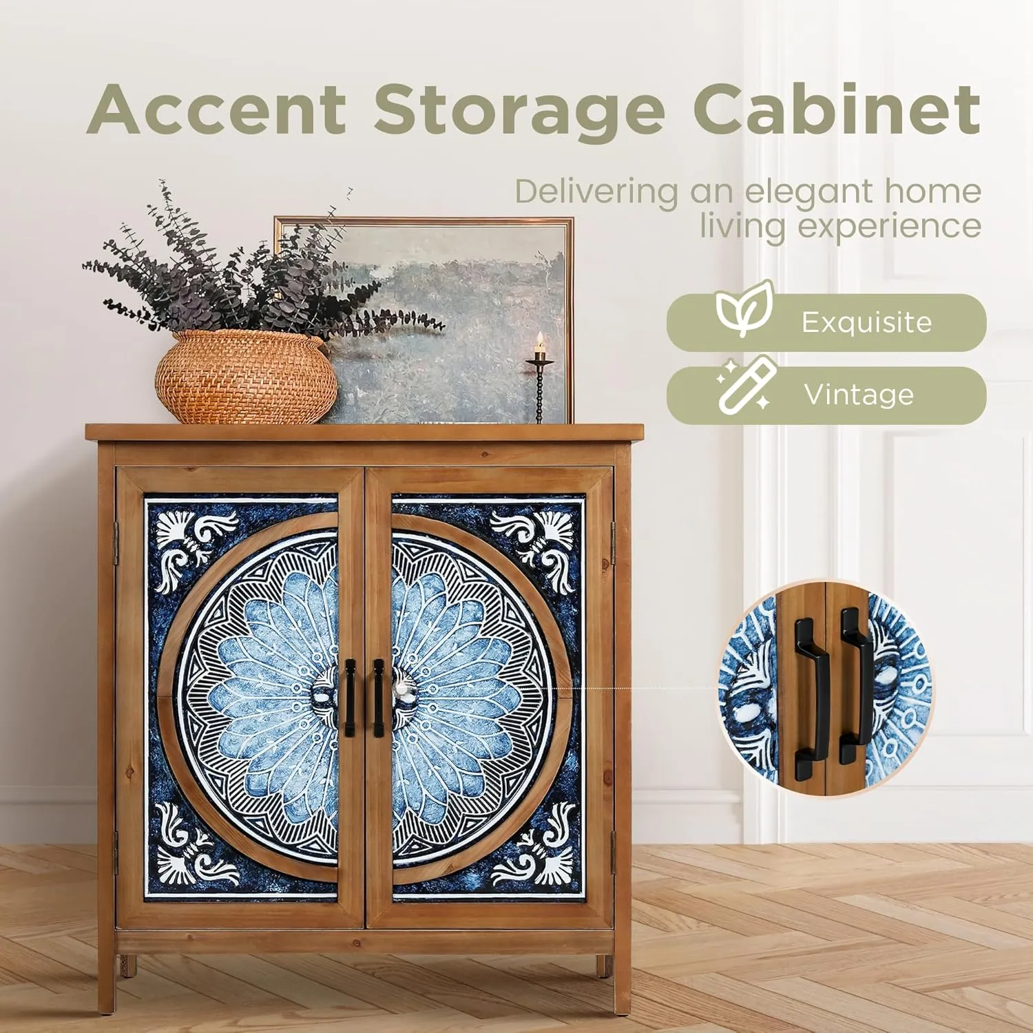 Sophia & William 2-Door Accent Cabinet, Distressed Storage Cabinet with Blue and White Porcelain Pattern for Entryway Living Room