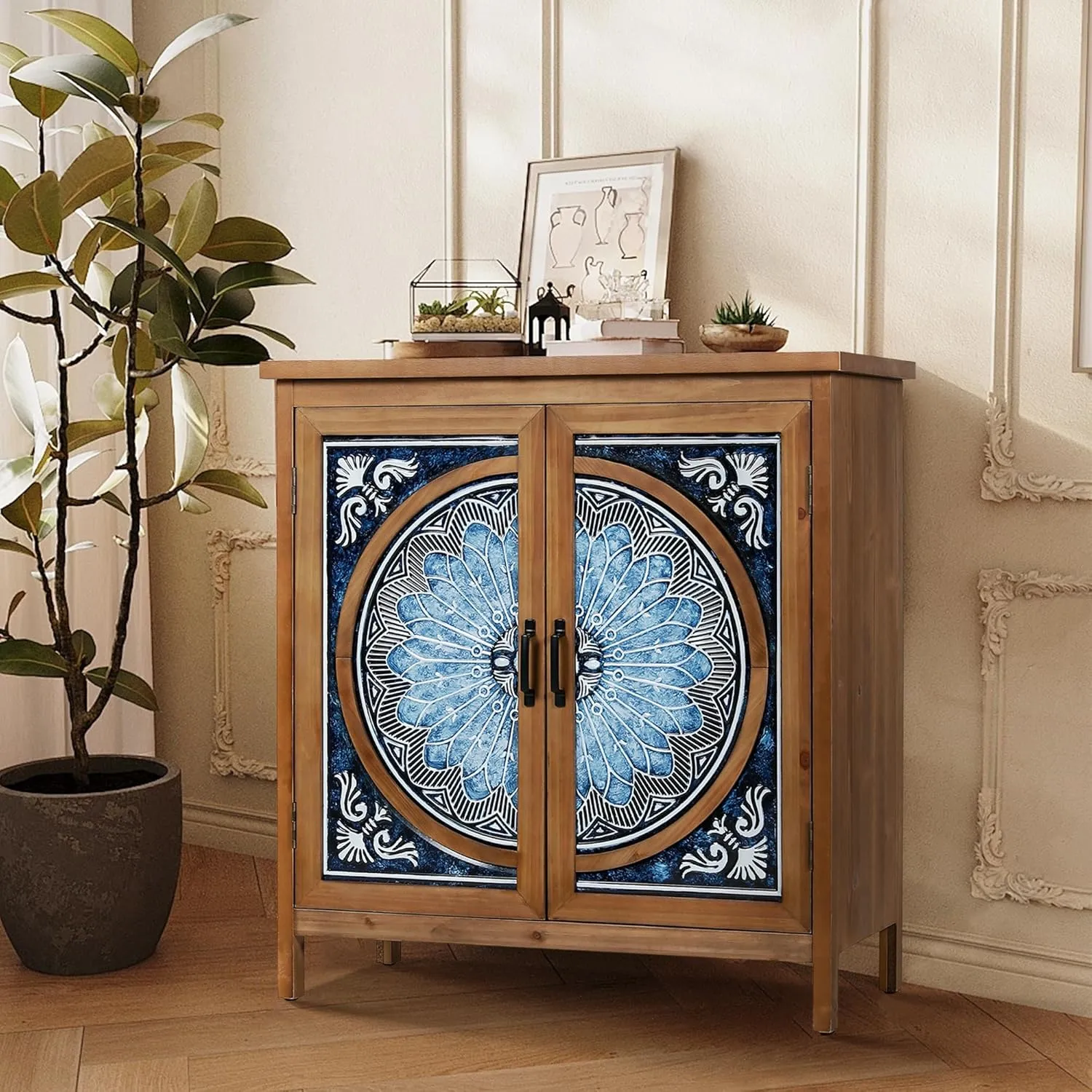 Sophia & William 2-Door Accent Cabinet, Distressed Storage Cabinet with Blue and White Porcelain Pattern for Entryway Living Room