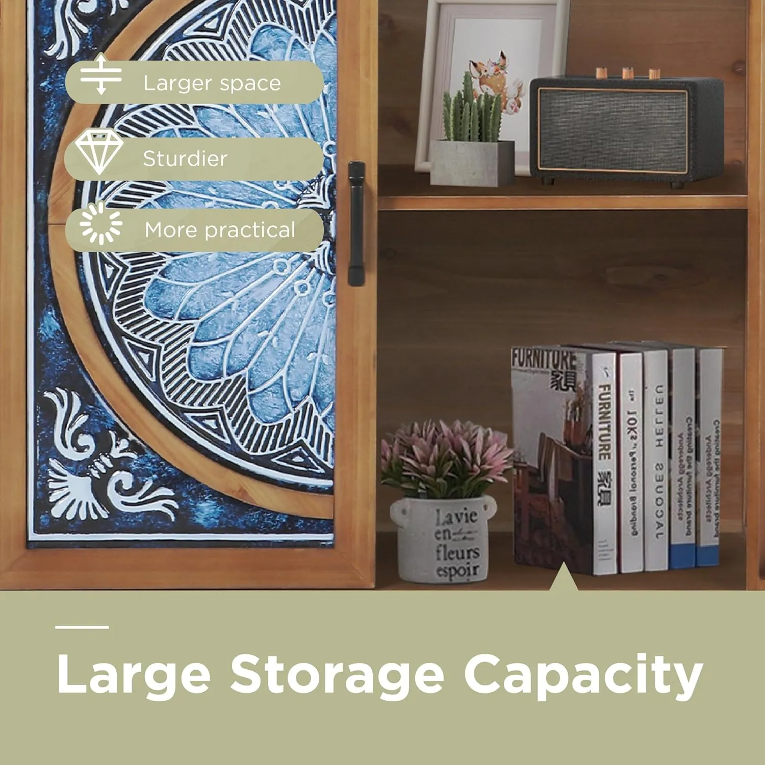 Sophia & William 2-Door Accent Cabinet, Distressed Storage Cabinet with Blue and White Porcelain Pattern for Entryway Living Room