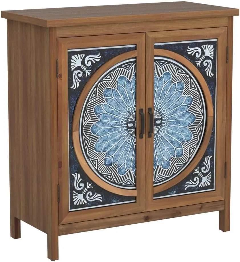Sophia & William 2-Door Accent Cabinet, Distressed Storage Cabinet with Blue and White Porcelain Pattern for Entryway Living Room