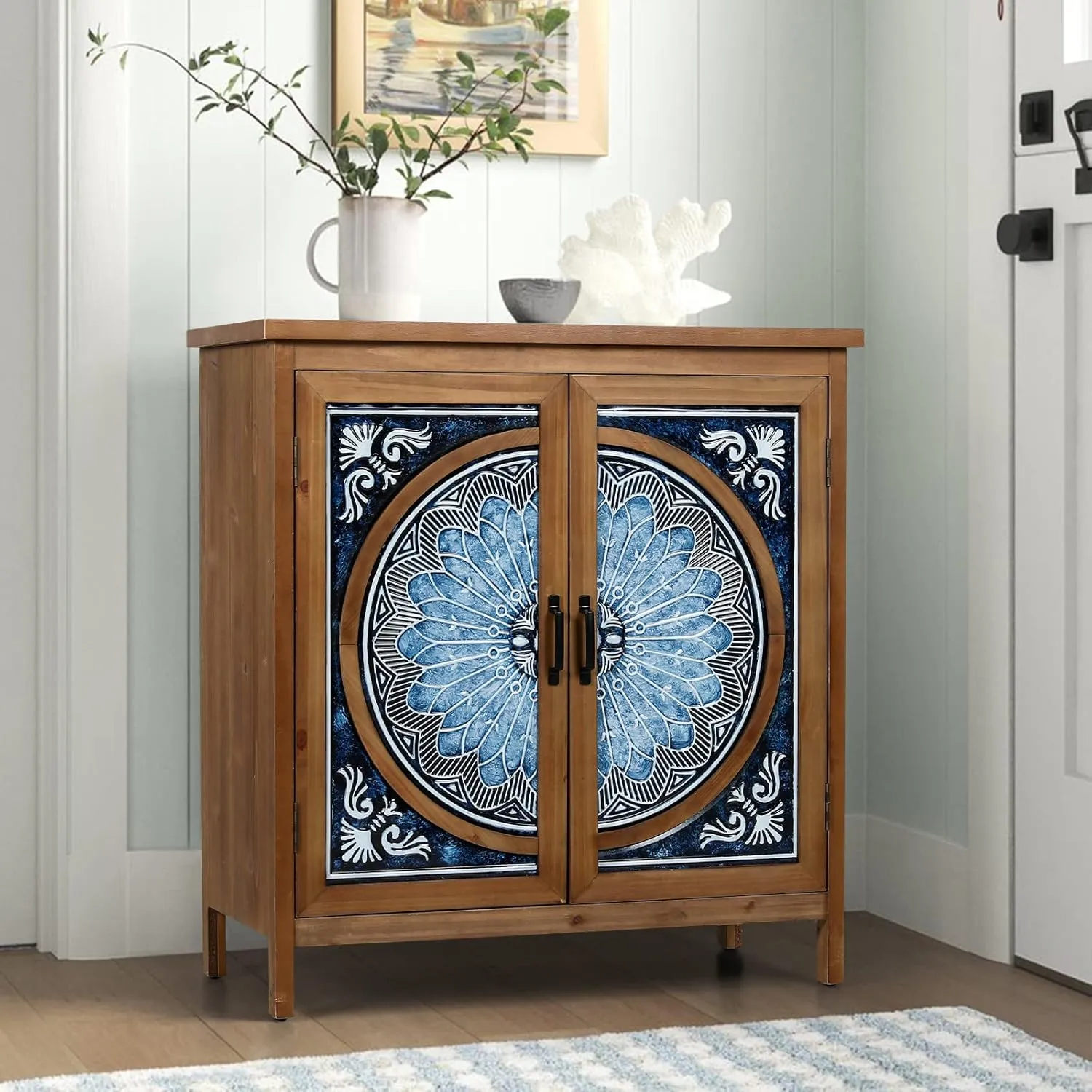 Sophia & William 2-Door Accent Cabinet, Distressed Storage Cabinet with Blue and White Porcelain Pattern for Entryway Living Room