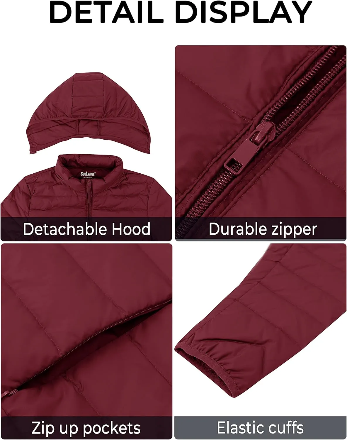 Soularge Women's Plus Size Winter Packable Lightweight Down Coat with Detachable Hood
