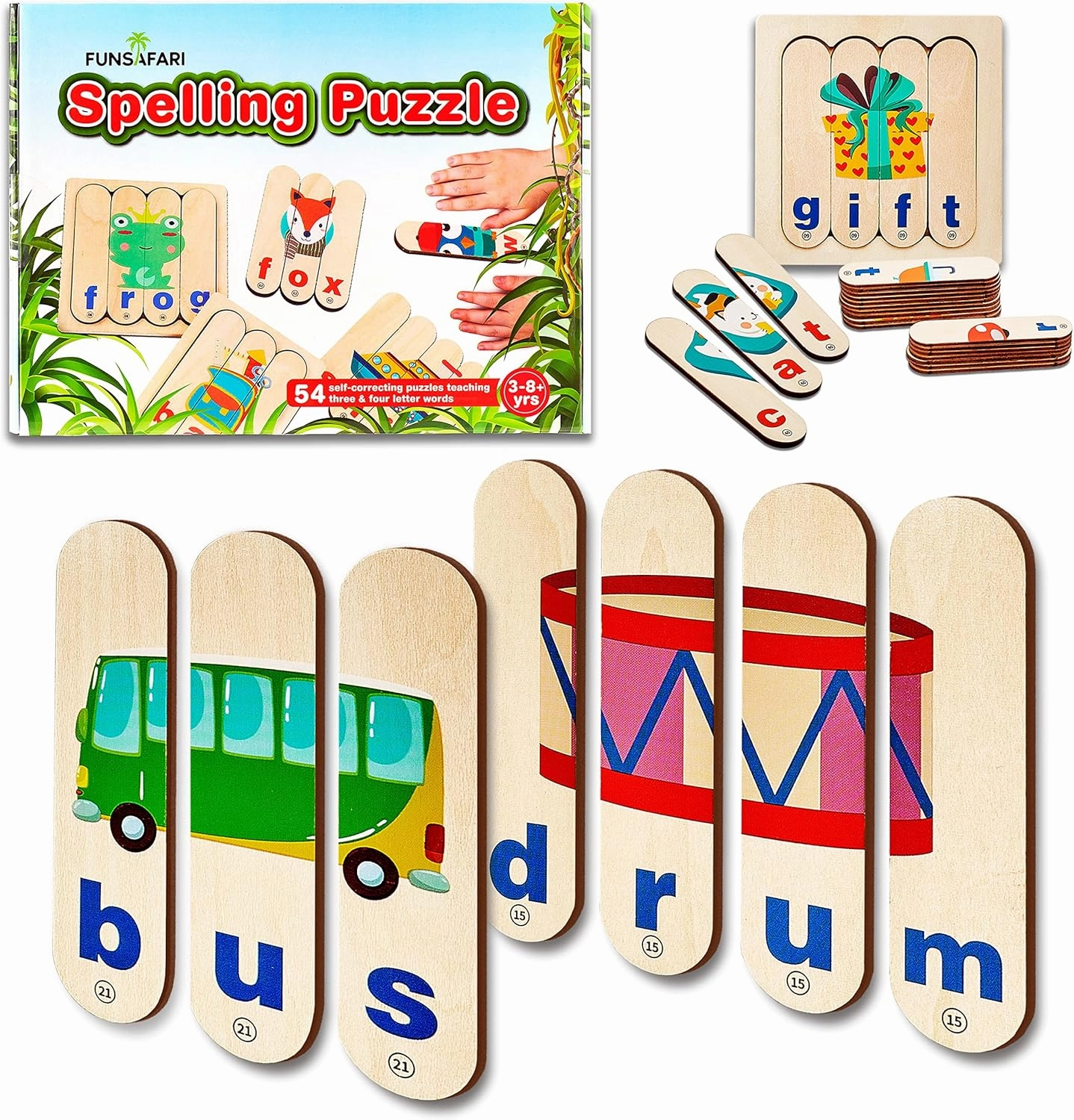Spelling Puzzle for Kids - 54 Words - Educational Learning Toys for 3-8 Year Old - Matching Letter Spelling Game - CVC Words Learning Activities