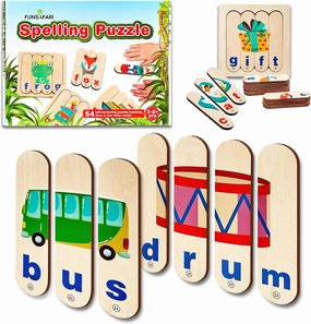 Spelling Puzzle for Kids - 54 Words - Educational Learning Toys for 3-8 Year Old - Matching Letter Spelling Game - CVC Words Learning Activities