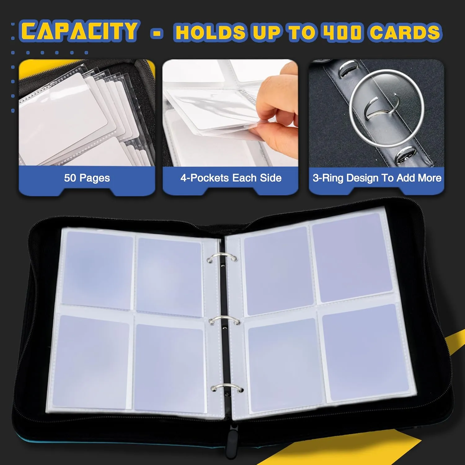 Sports card binder, CLOVERCAT 4 Pocket Baseball Card Binder, 400 Double Sided Pocket Waterproof Album, Display Holder, Expandable, Compatible with Gaming Cards, Yugioh, MTG and Other TCG