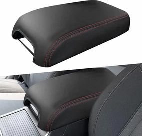 sportuli Center Console Cover Anti-Scratch Leather Armrest Cover Replace for 2011-2023 2024 Dodge Charger Chrysler 300 300C (Red Stitches)