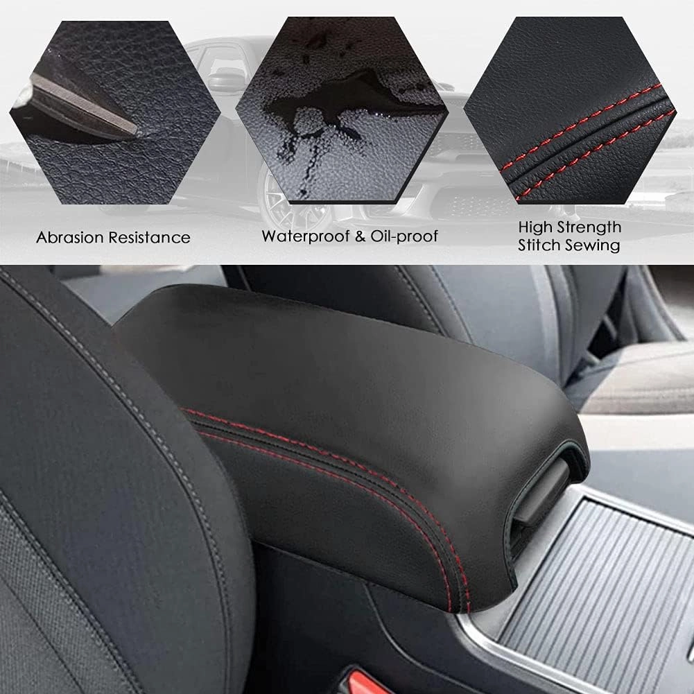 sportuli Center Console Cover Anti-Scratch Leather Armrest Cover Replace for 2011-2023 2024 Dodge Charger Chrysler 300 300C (Red Stitches)