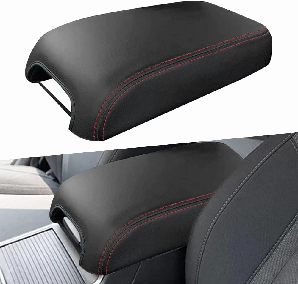 sportuli Center Console Cover Anti-Scratch Leather Armrest Cover Replace for 2011-2023 2024 Dodge Charger Chrysler 300 300C (Red Stitches)
