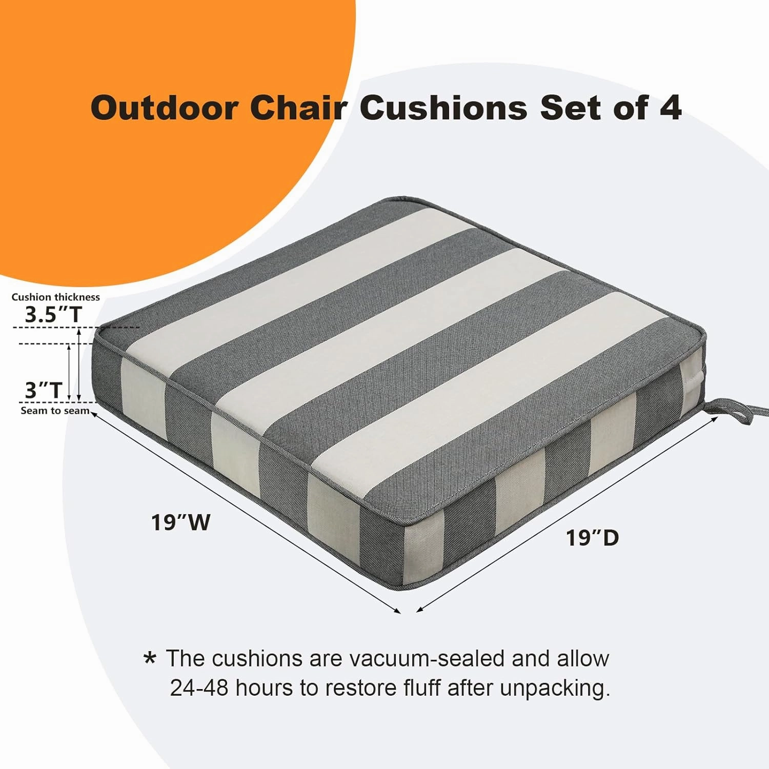 Square Corner Seat Cushions, 19" x 19" x 3", Set of 4, Indoor Outdoor Waterproof Weather Resistant Universal Chair Pads with Ties for Patio Furniture, Garden Deck Dining Chairs, Gray Stripe