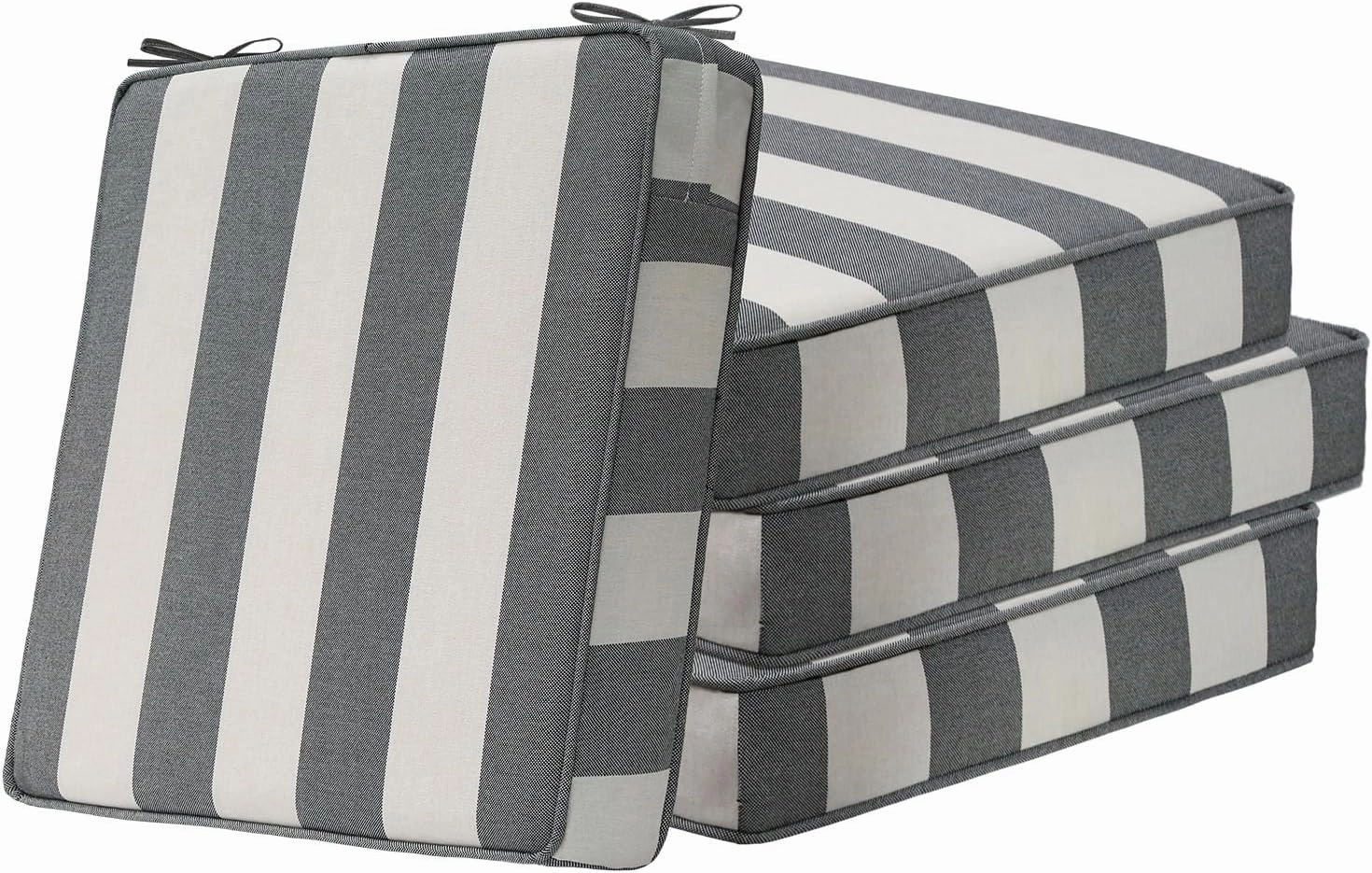 Square Corner Seat Cushions, 19" x 19" x 3", Set of 4, Indoor Outdoor Waterproof Weather Resistant Universal Chair Pads with Ties for Patio Furniture, Garden Deck Dining Chairs, Gray Stripe