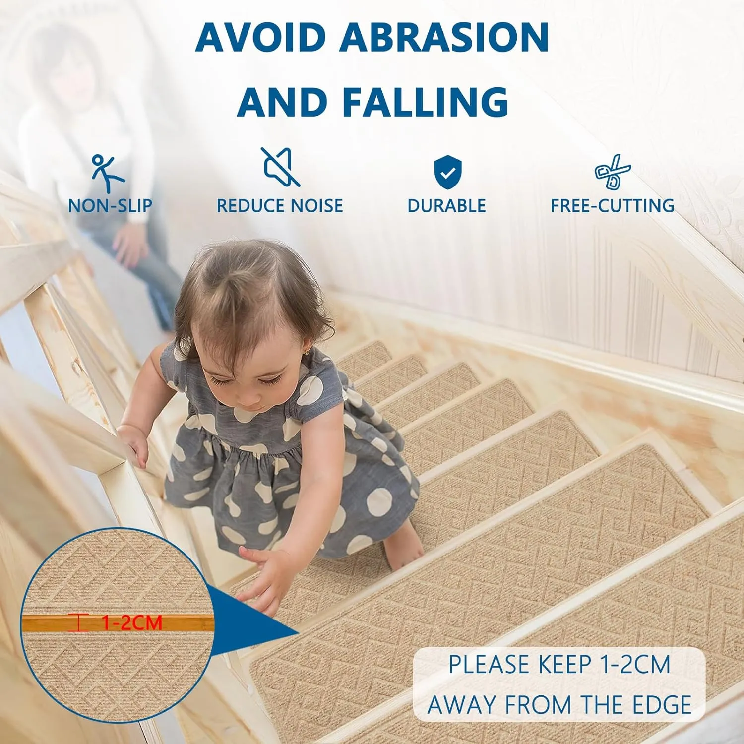 Stair Treads for Wooden Steps Indoor, 8" X 30" Non Slip Carpet Stair Treads with Reusable Adhesive for Kids Elders and Dogs, Surface Polyester TPR Backing Stair Rugs -4 Pack