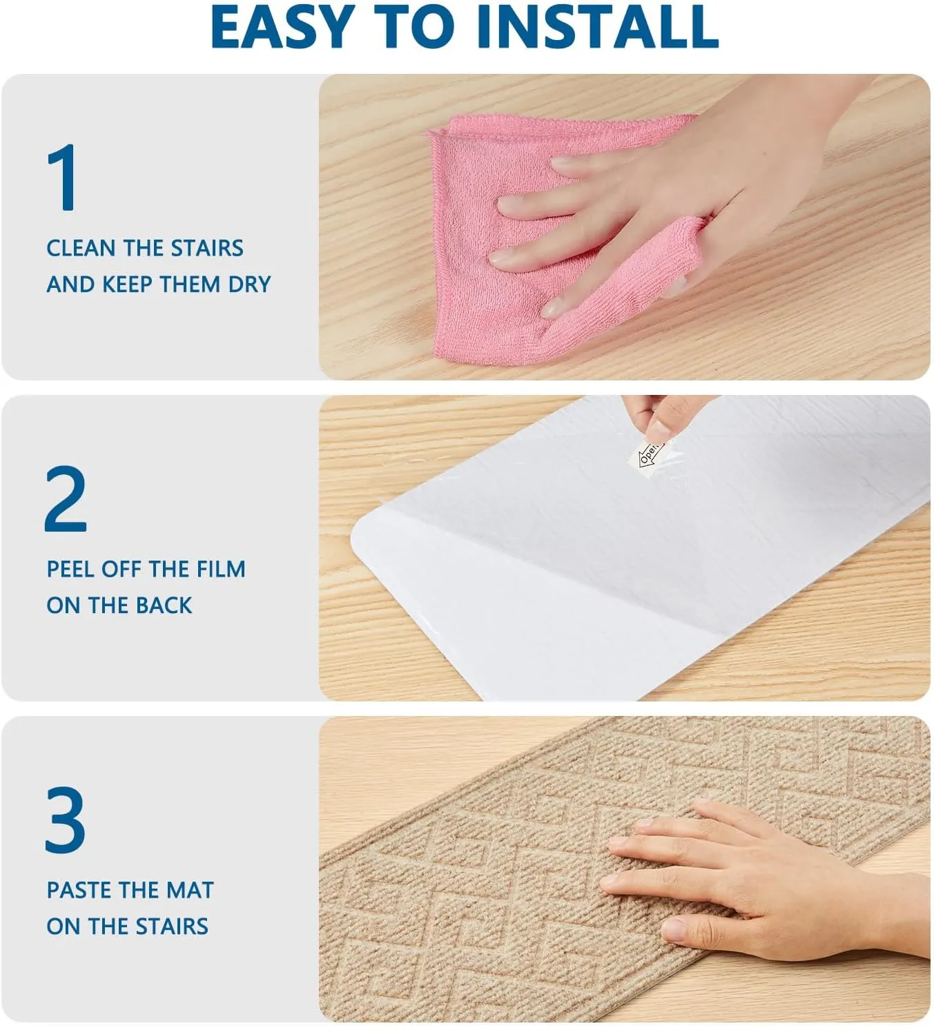 Stair Treads for Wooden Steps Indoor, 8" X 30" Non Slip Carpet Stair Treads with Reusable Adhesive for Kids Elders and Dogs, Surface Polyester TPR Backing Stair Rugs -4 Pack