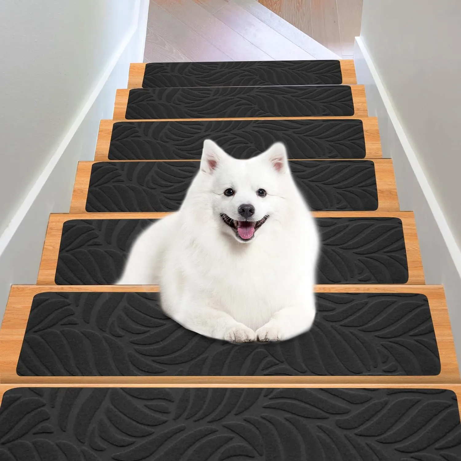 Stair Treads for Wooden Steps - Non Slip Stairs Carpet Tape Peel and Stick with Double Adhesive Tape Set of 15 Leaf -Black