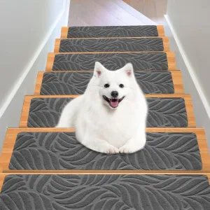 Stair Treads for Wooden Steps - Non Slip Stairs Carpet Tape Peel and Stick with Double Adhesive Tape Set of 15 Leaf -Grey