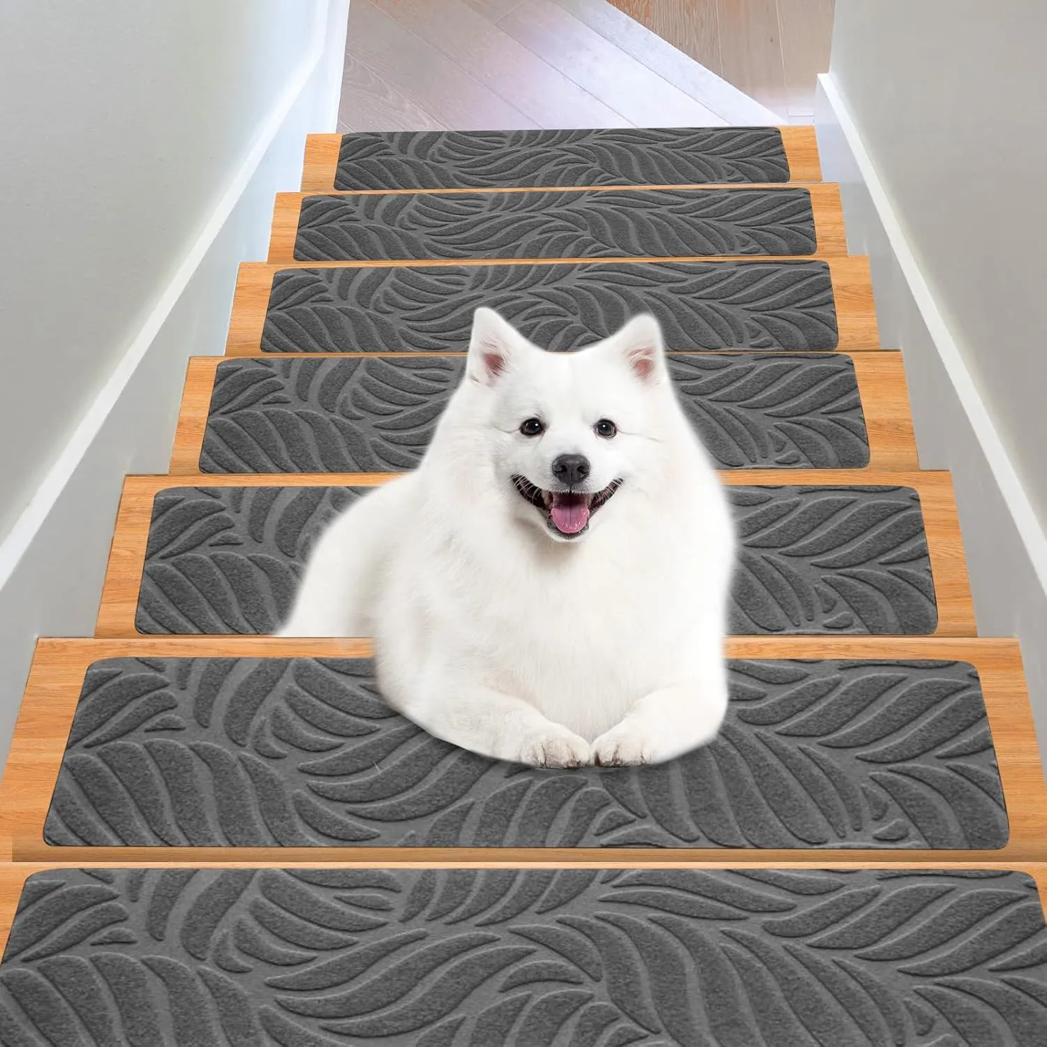 Stair Treads for Wooden Steps - Non Slip Stairs Carpet Tape Peel and Stick with Double Adhesive Tape Set of 15 Leaf -Grey