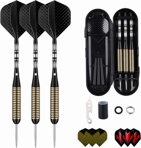 Steel Tip Darts Set for Dartboard, Professional Brass Darts Metal Tip Black Purple Aluminium Nylon Shafts 9 Flights 50 Rubber O-Rings 12 Spring Rings 1 Dart Sharpener Tool 24/27 Grams
