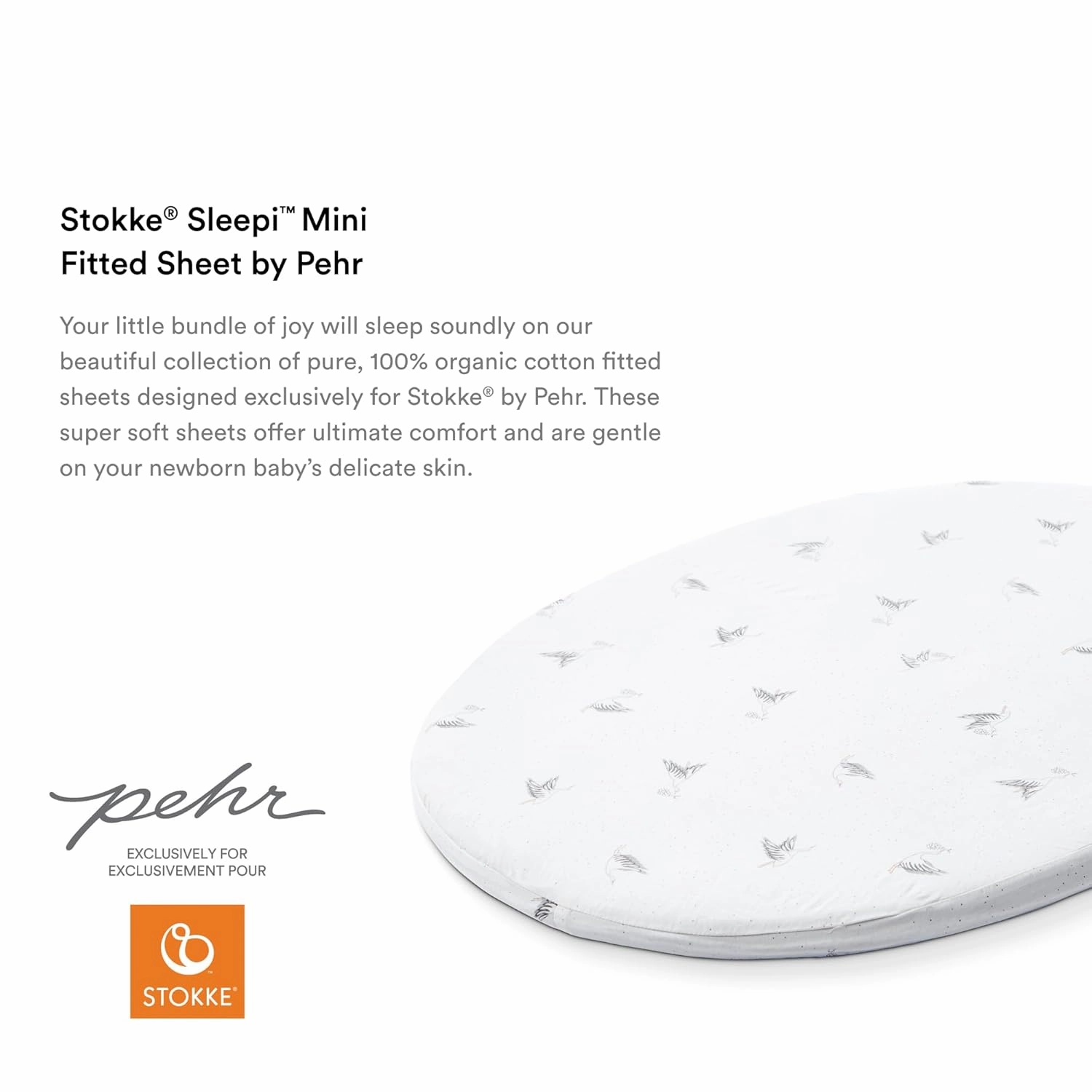 Stokke Sleepi Mini Fitted Sheet by Pehr V2, Stork - Not Compatible with Mini Mattress Made Before August 2022 - Soft, 100% Organic Cotton