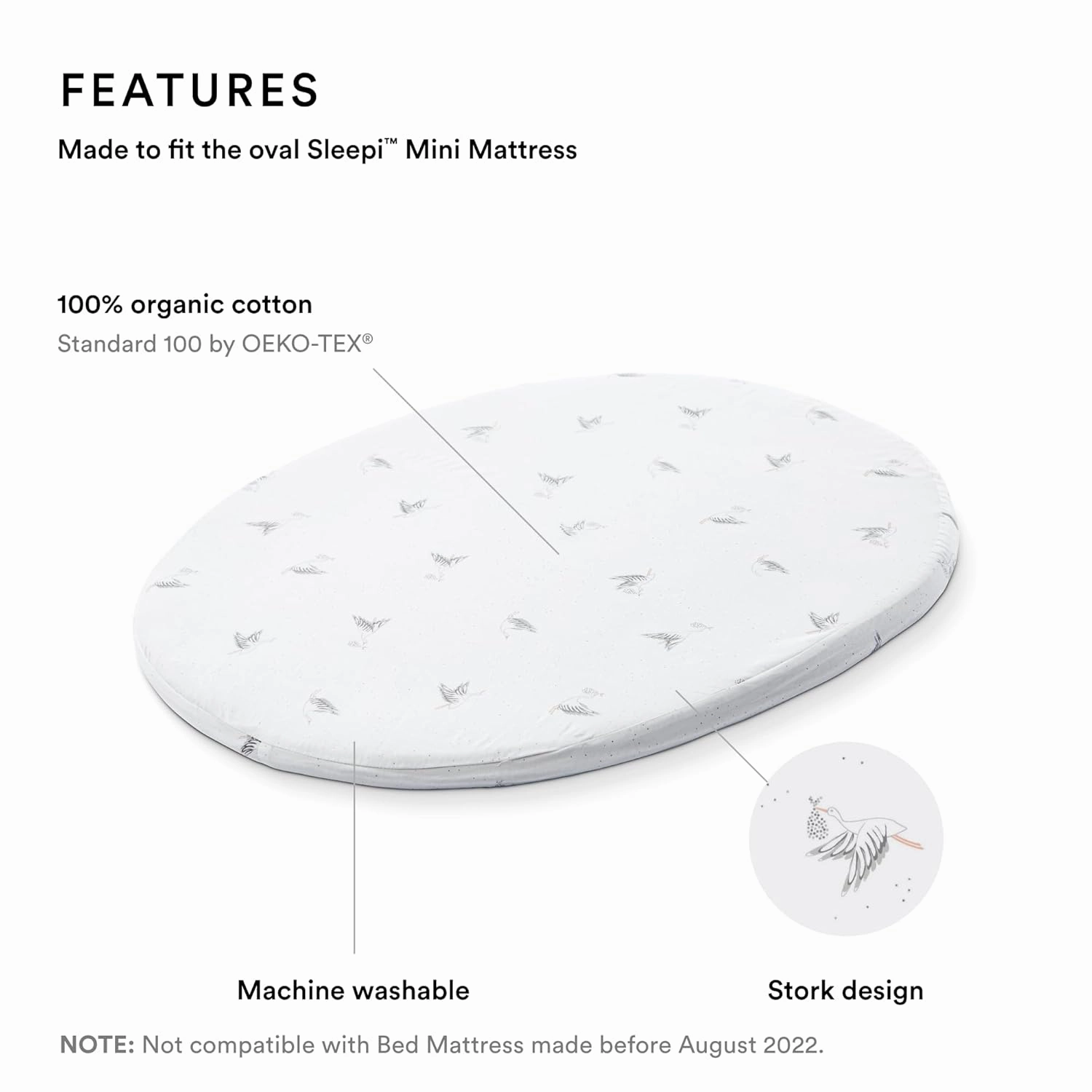 Stokke Sleepi Mini Fitted Sheet by Pehr V2, Stork - Not Compatible with Mini Mattress Made Before August 2022 - Soft, 100% Organic Cotton