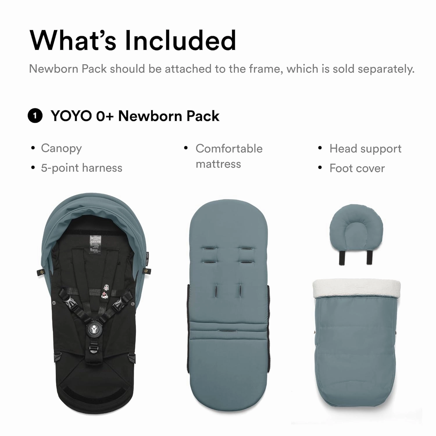 Stokke YOYO 0  Newborn Pack, Aqua - Includes Mattress, Extendable Canopy & Five-Point Harness - Requires YOYO3 Frame (Sold Separately)