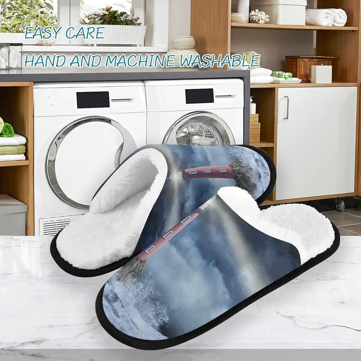 Storm Lighthouse Slippers, Soft Memory Foam Non-Slip Indoor House Slippers Home Shoes for Bedroom Hotel Travel Spa