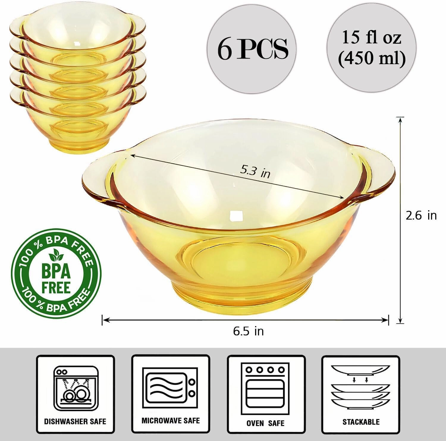 STPGoods Glass Dinner Plates - Set of 6, Blue Cobalt Transparent Glass Eating Plates, Circular Glass Dinnerware for Salad, Bread, Dinner (Salad Bowl Yellow, Set of 6)