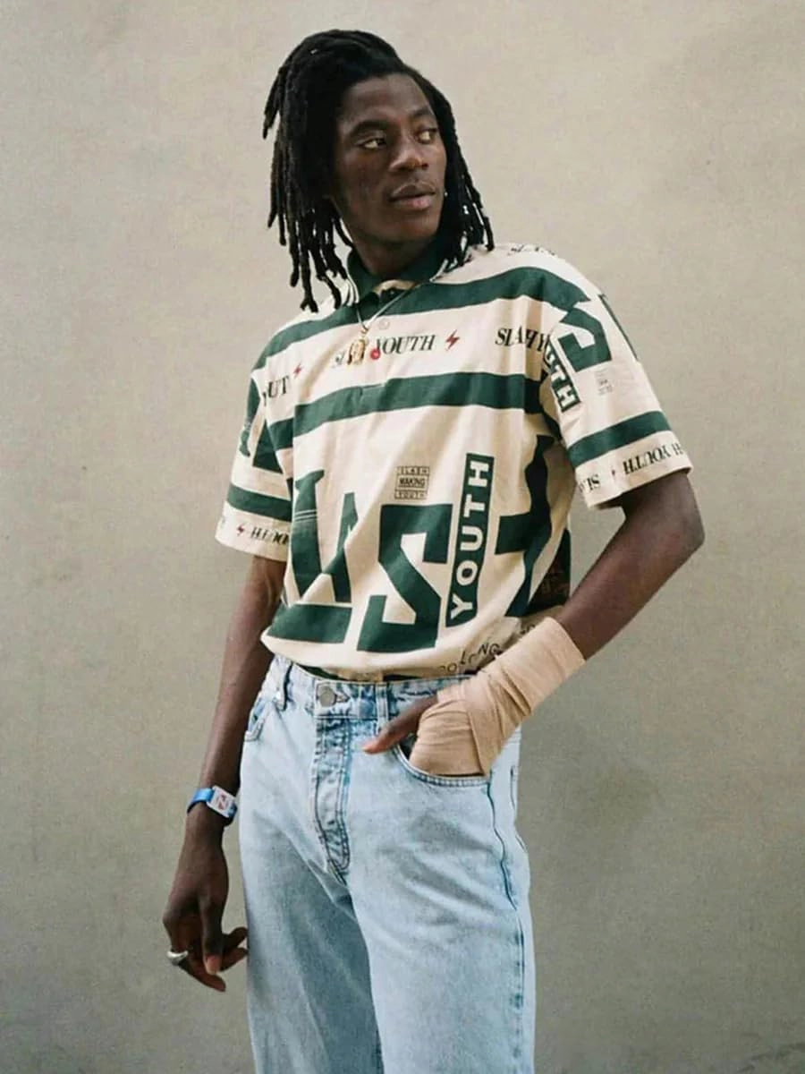 Striped Polo Retro Letter Graphic Print Tees Oversized Heavy Shirts Polo Streetwear Tops