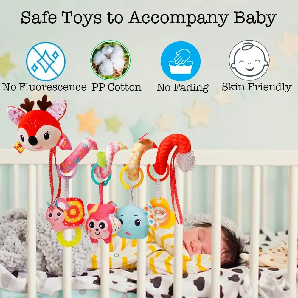 Stroller Toys, Car Seat Toys for Babies 0-6 Months Infants Activity Spiral Hanging Crib Toy Gift for Baby Boys and Girls 0 3 6 12 Months Newborn Sensory Toy with Rattles Squeaker Music- Red